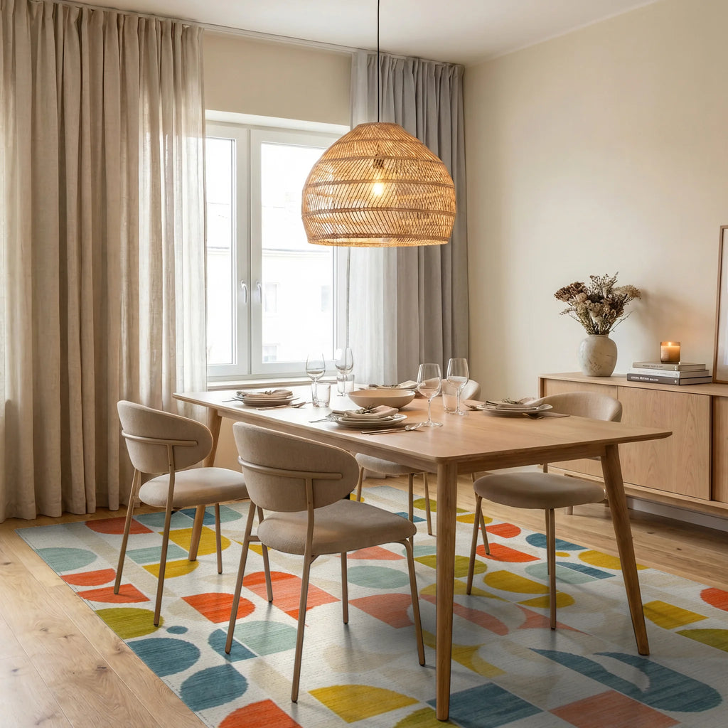 Mid Century Geometric Color Block Rug - Dining Room View