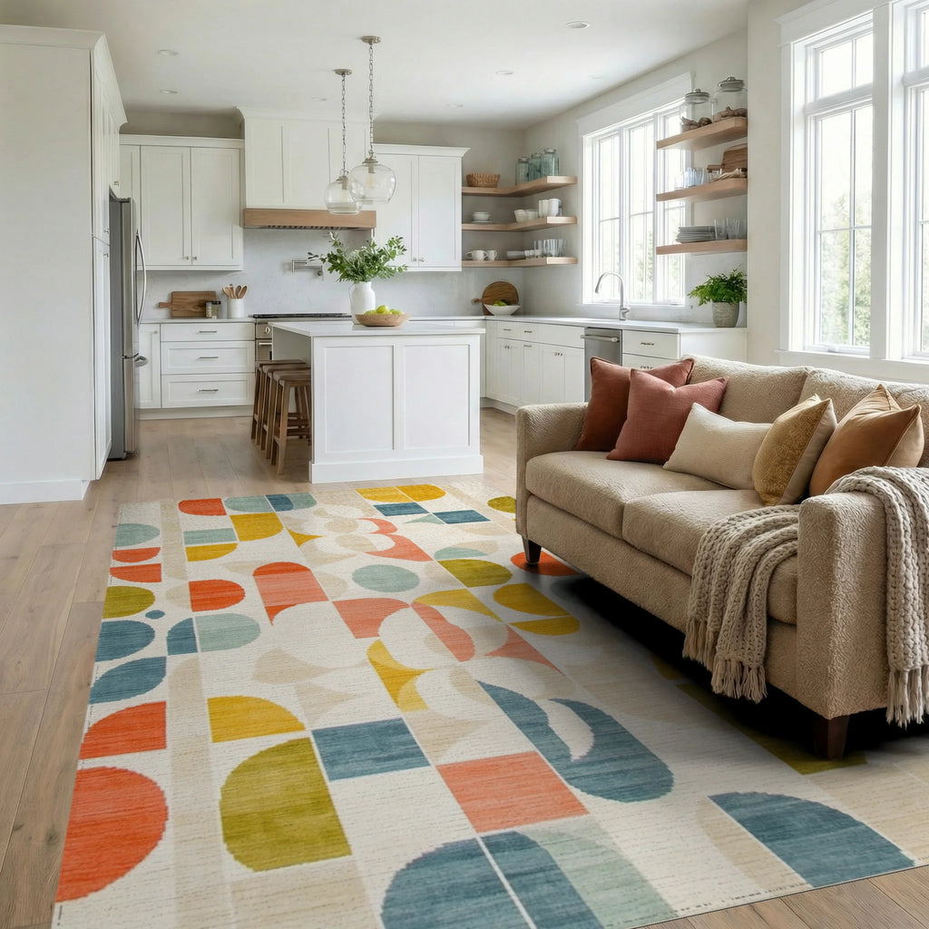 Mid Century Geometric Color Block Rug - Living Room View