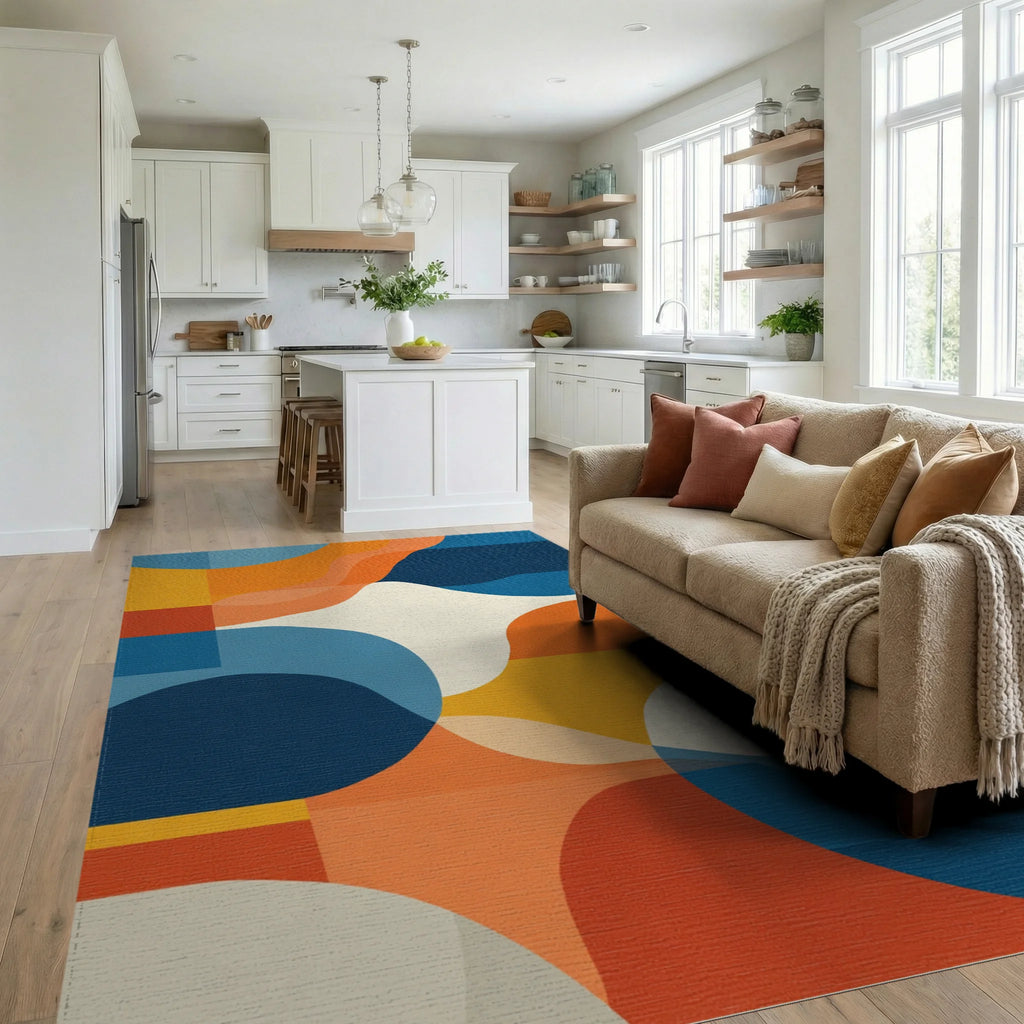Mid Century Modern Abstract Wave Rug Living Room View
