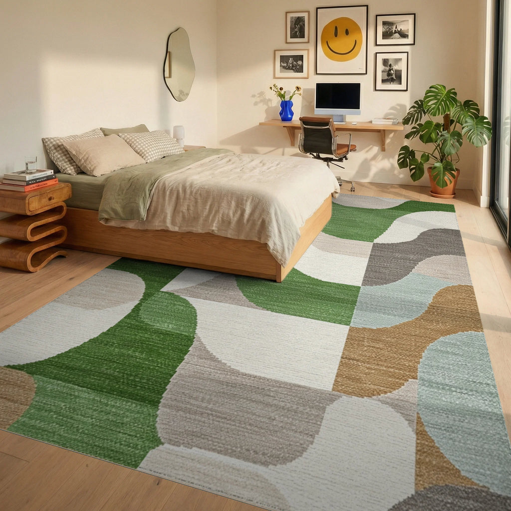 Mid Century Modern Geometric Curves Rug - Bedroom View