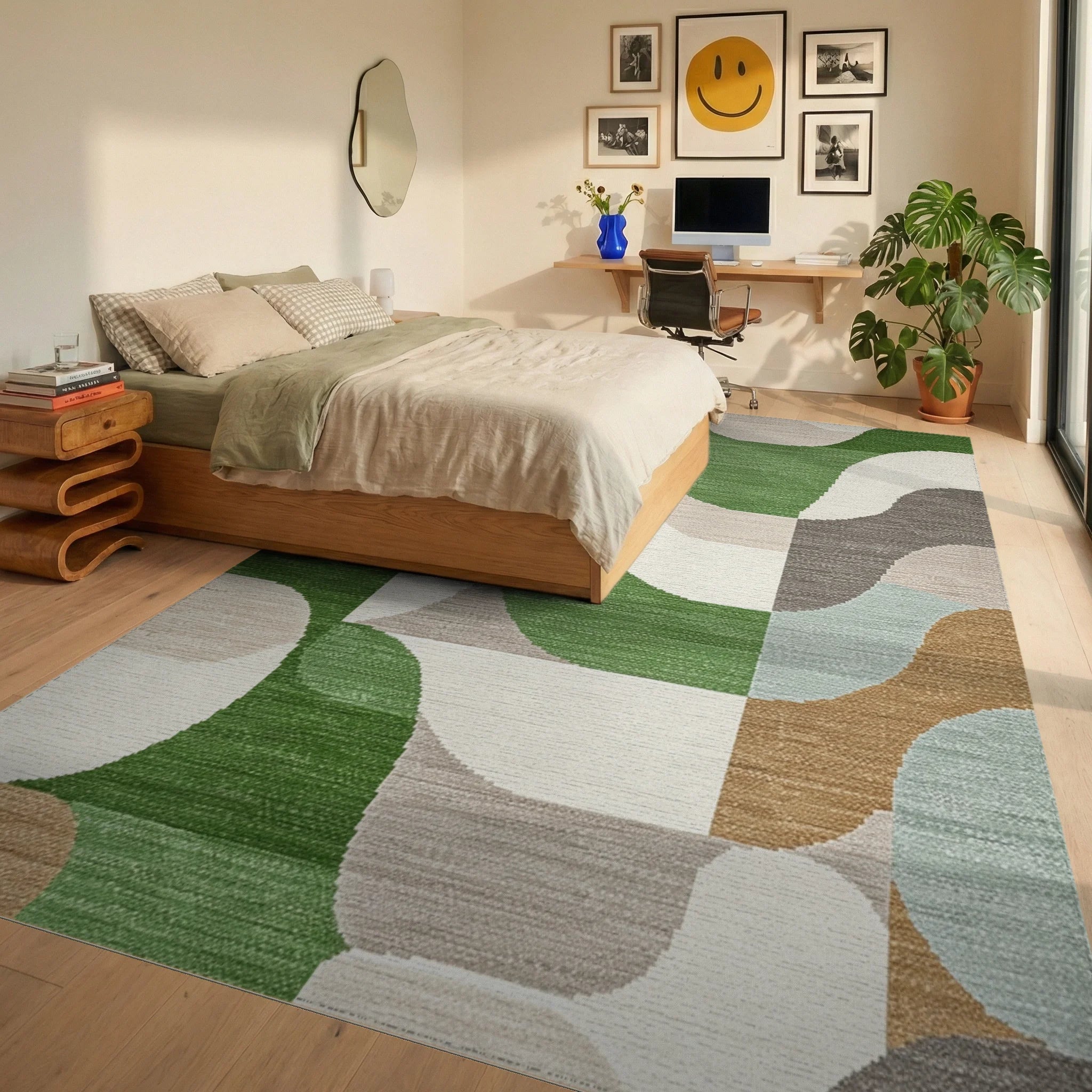 Mid Century Modern Geometric Curves Rug - Bedroom View