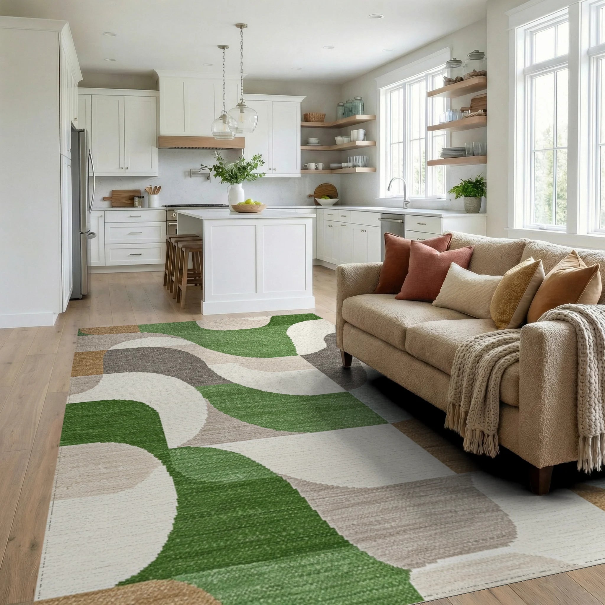 Mid Century Modern Geometric Curves Rug - Living Room View