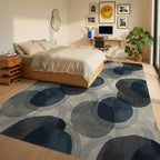Mid-century navy blue abstract circles Rug Bedroom View