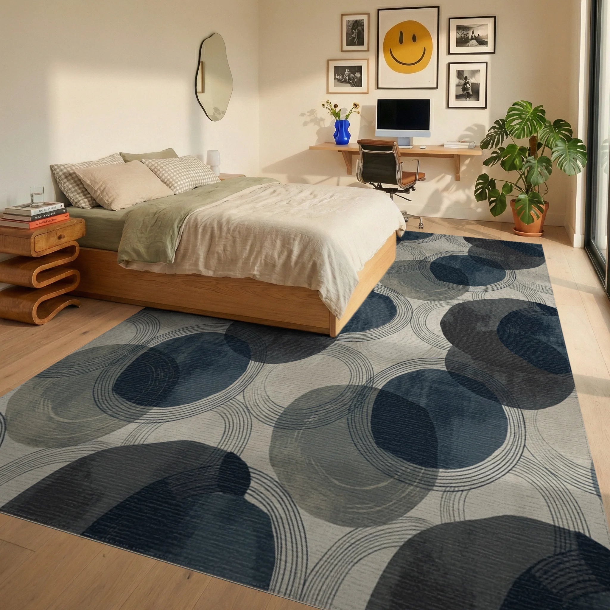 Mid-century navy blue abstract circles Rug Bedroom View