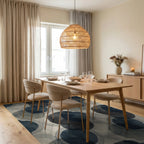 Mid-century navy blue abstract circles Rug Dining Room View