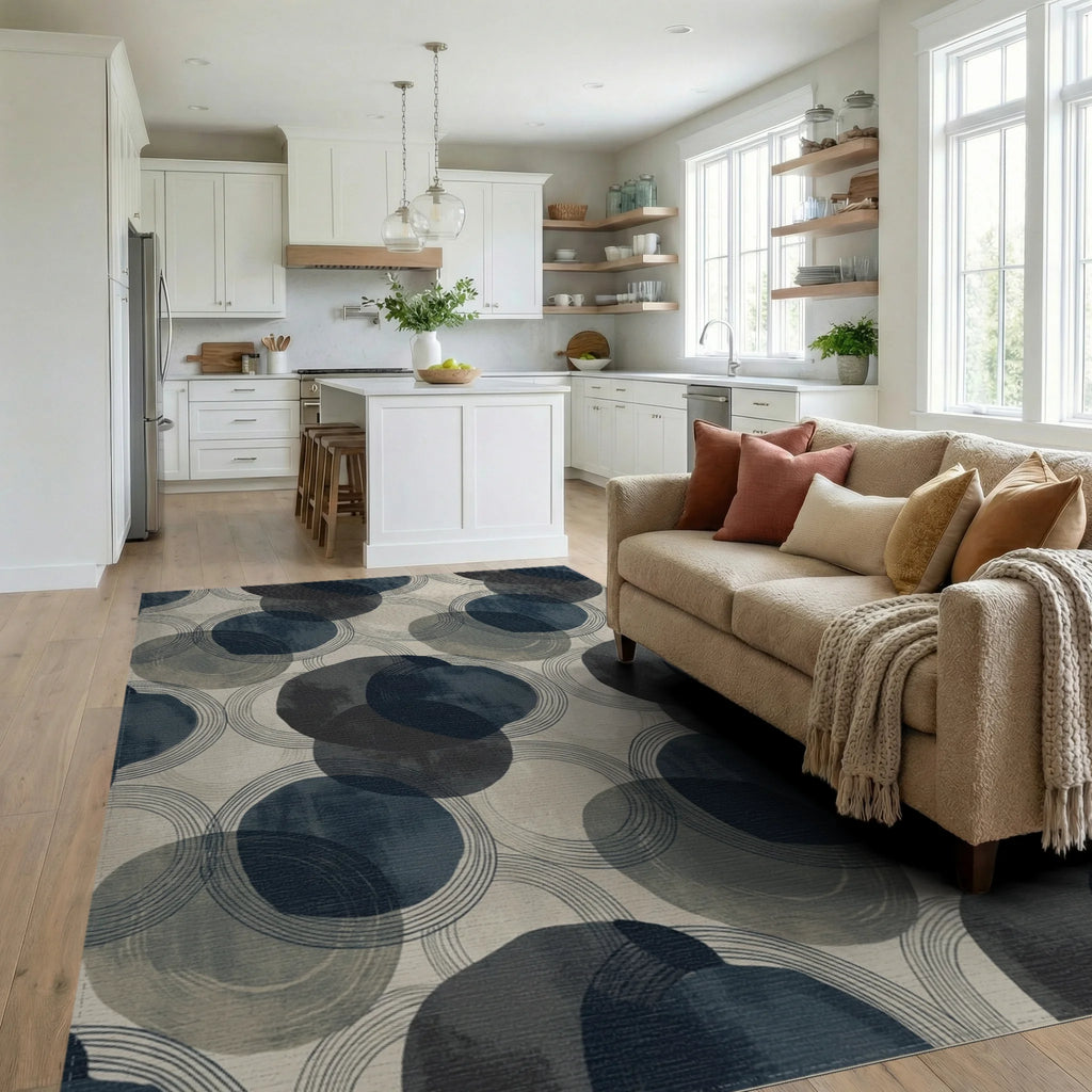 Mid-century navy blue abstract circles Rug Living Room View