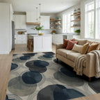 Mid-century navy blue abstract circles Rug Living Room View