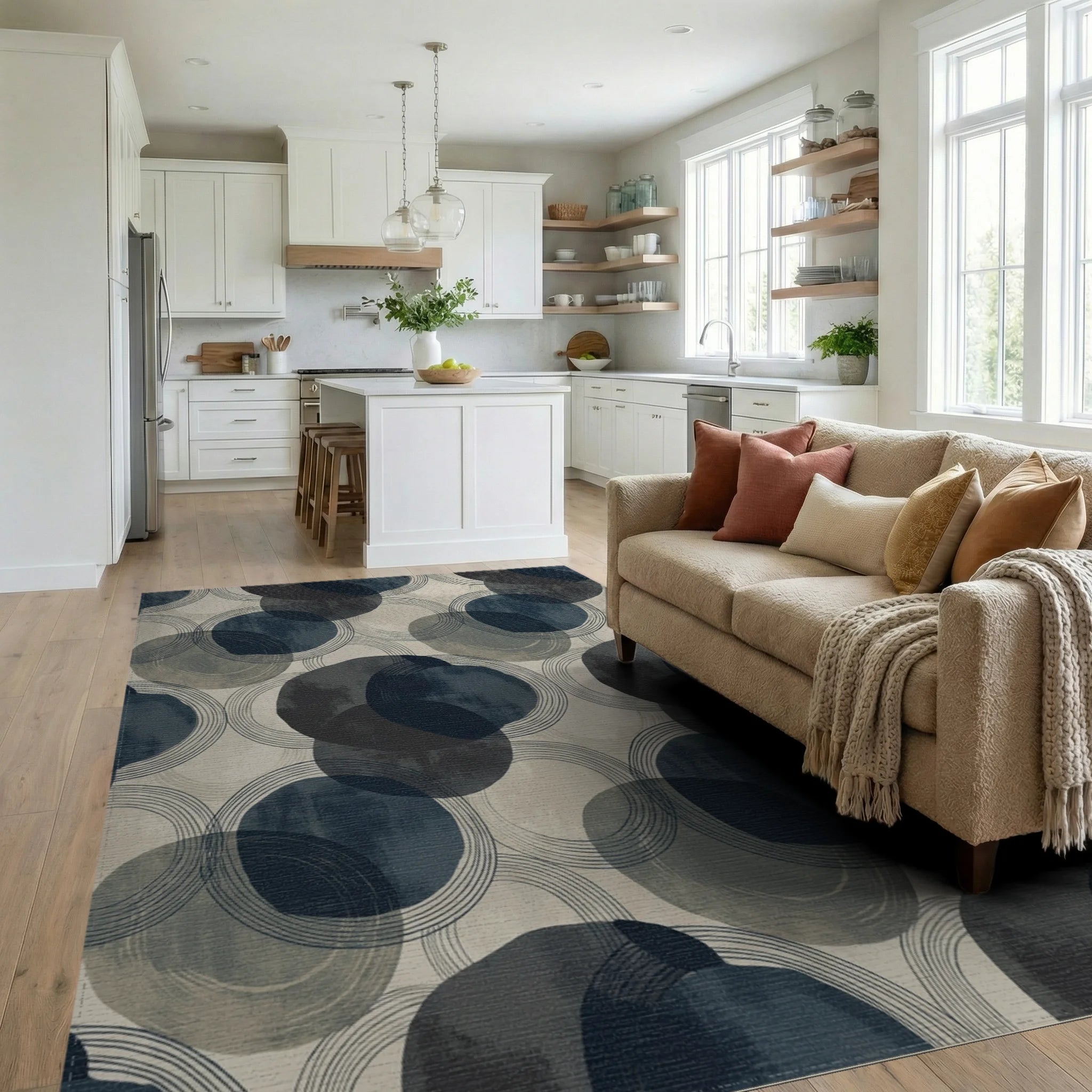 Mid-century navy blue abstract circles Rug Living Room View