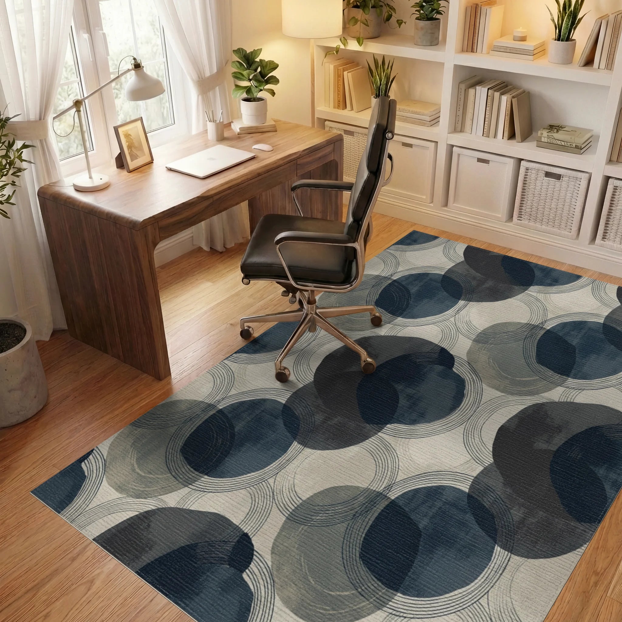 Mid-century navy blue abstract circles Rug Office View