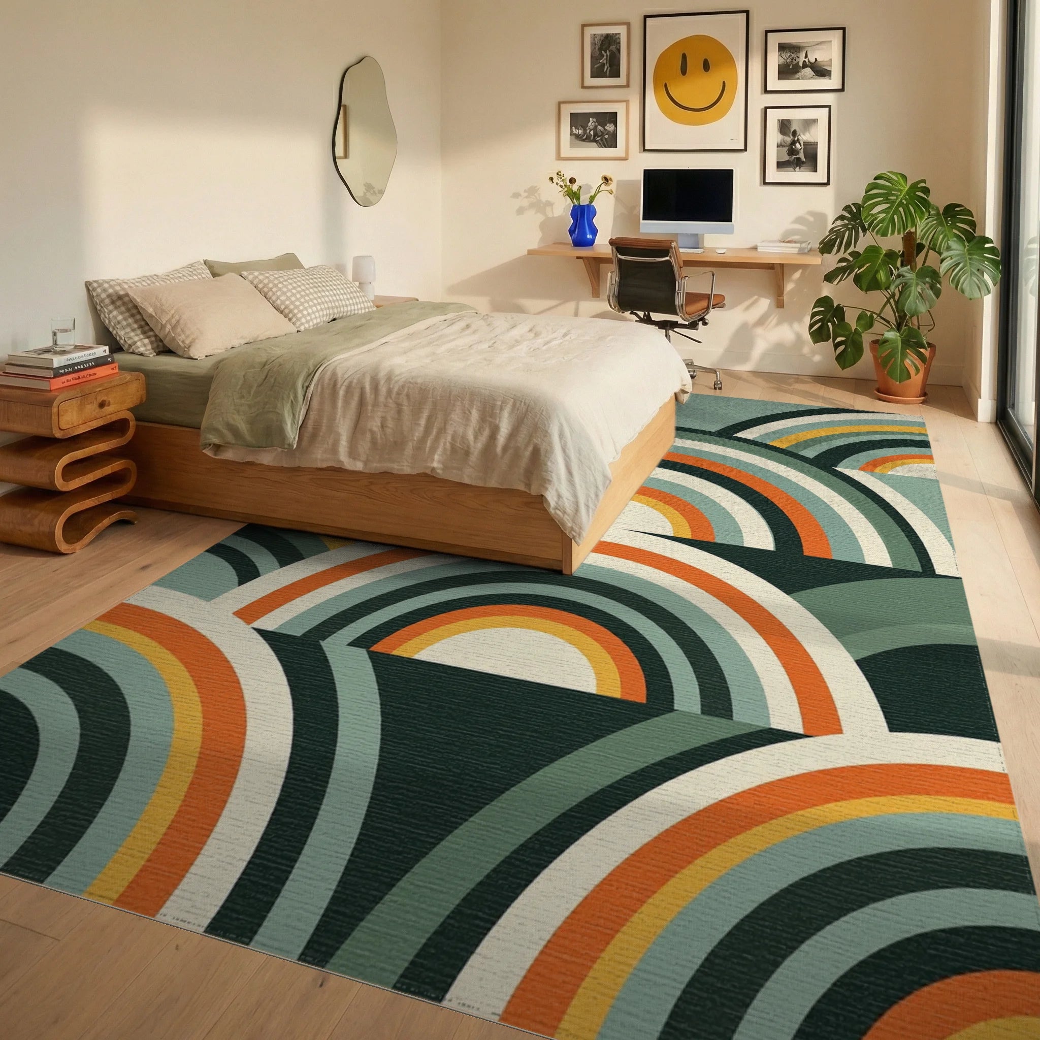 Mid-Century Retro Arched Teal Orange Rug Bedroom View