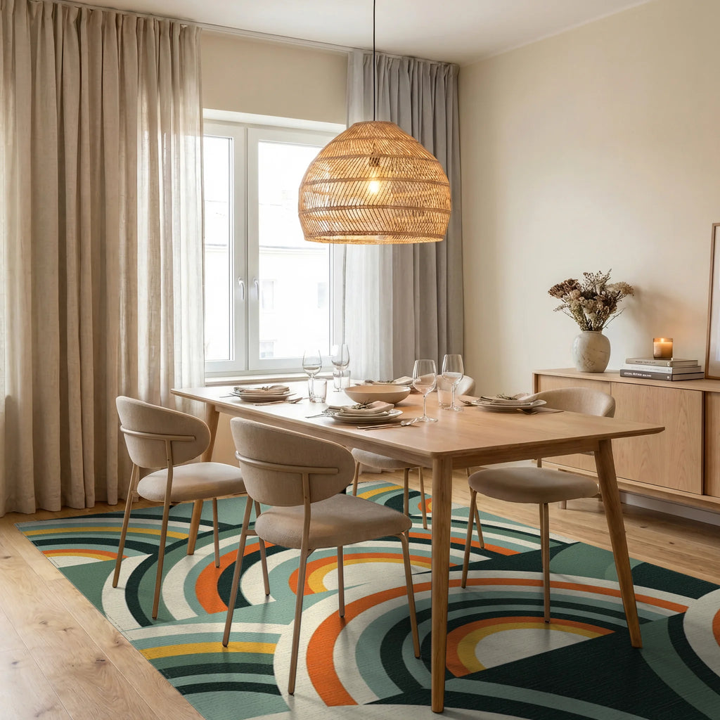 Mid-Century Retro Arched Teal Orange Rug Dining Room View