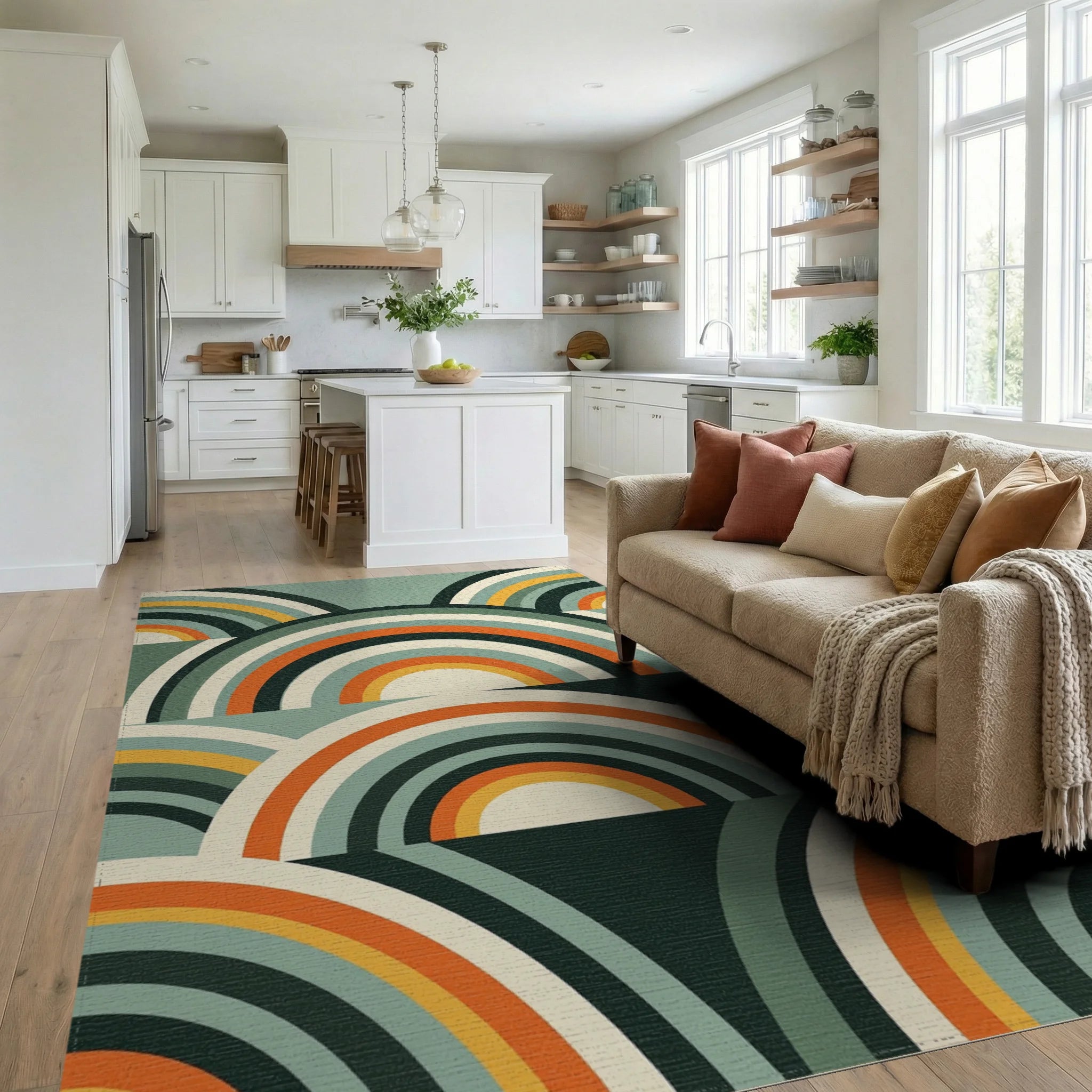 Mid-Century Retro Arched Teal Orange Rug Living Room View