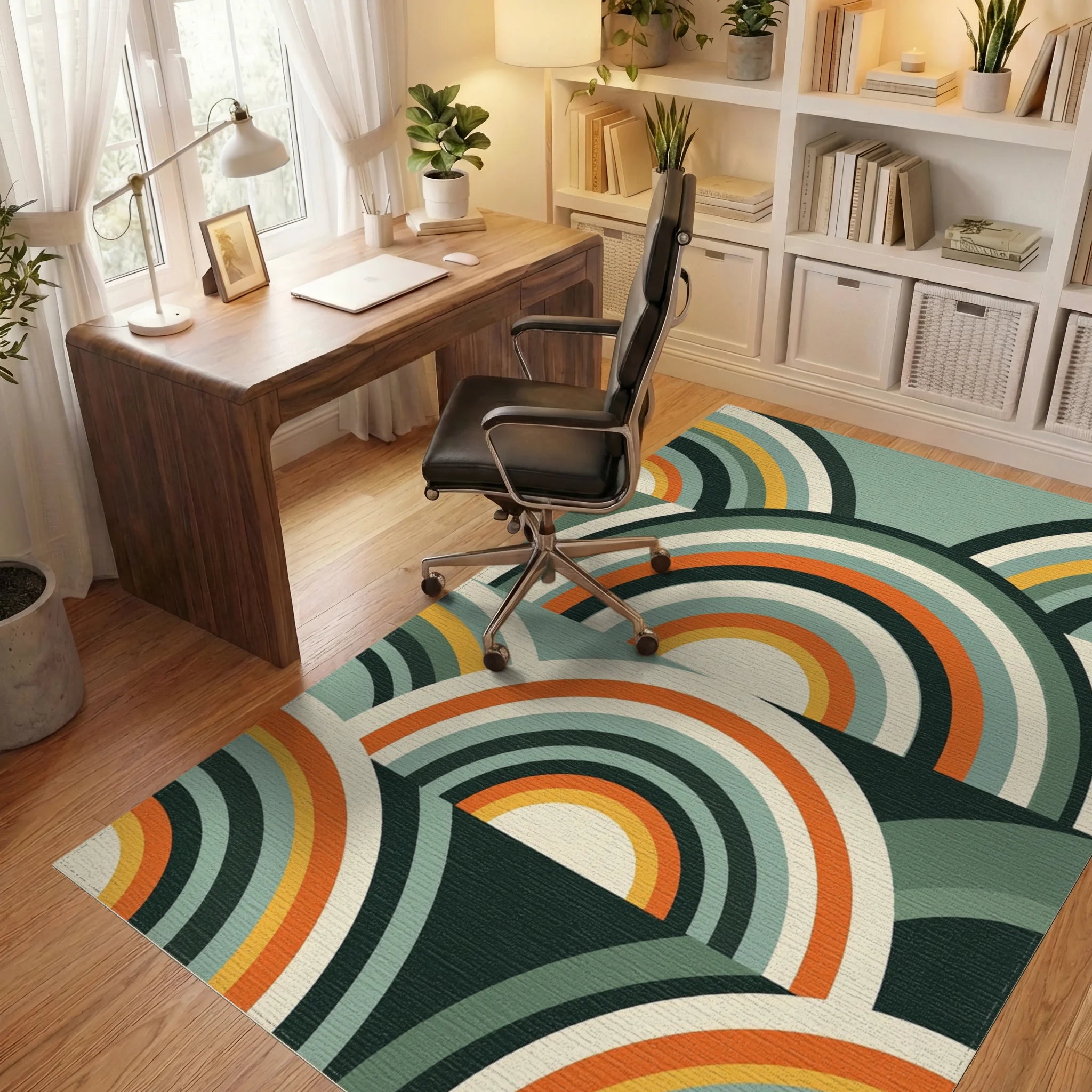 Mid-Century Retro Arched Teal Orange Rug Office View
