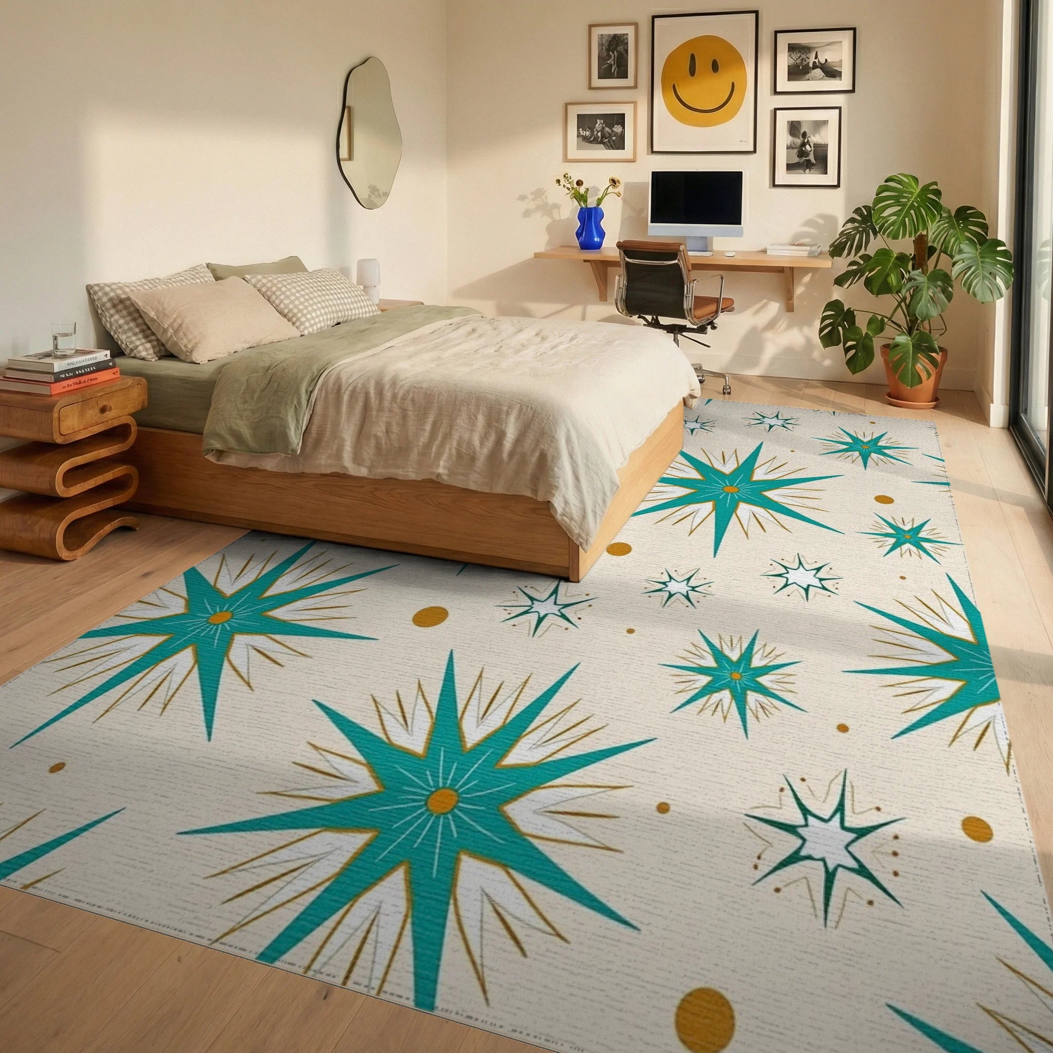 Mid Century Starburst Pattern Rug - Bedroom View