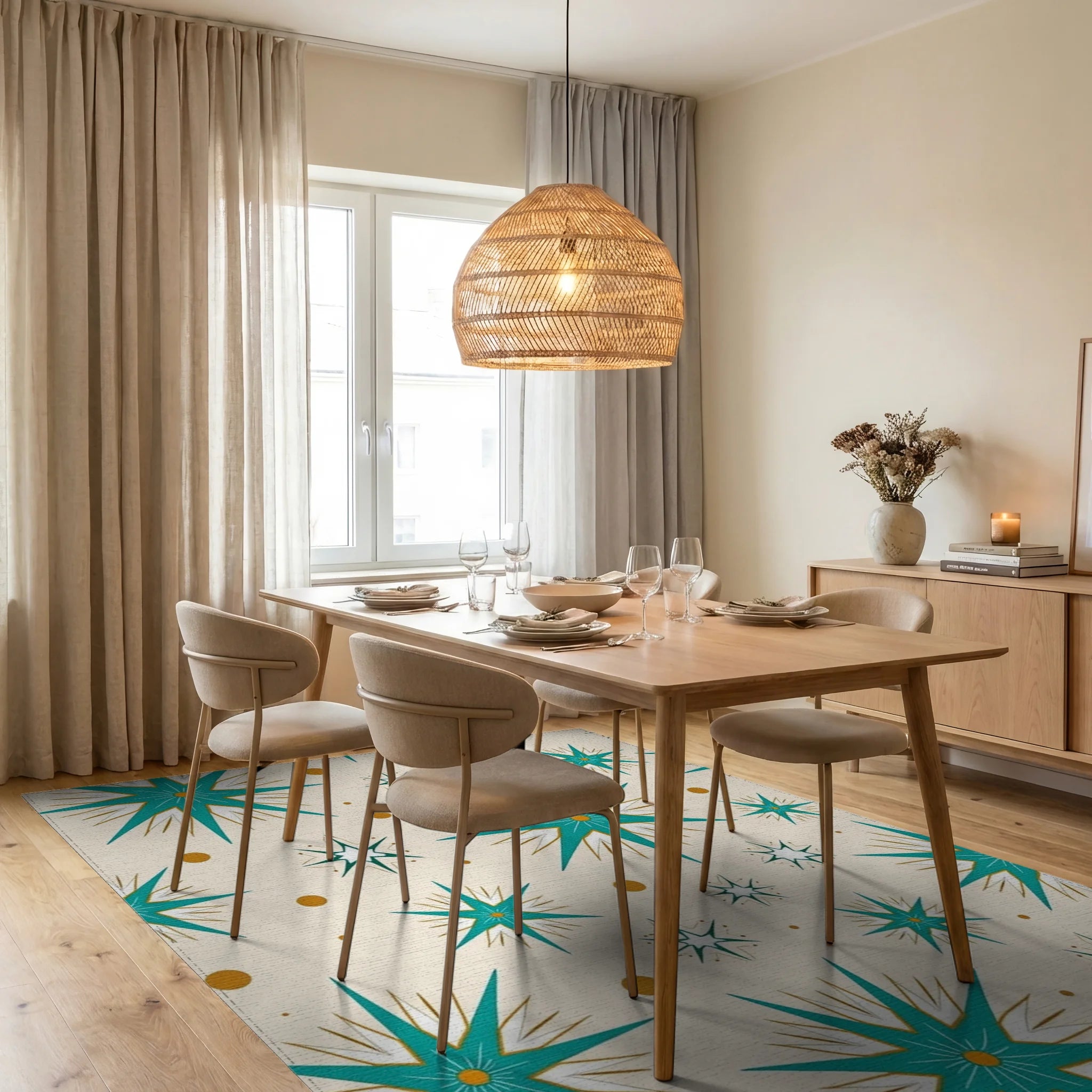 Mid Century Starburst Pattern Rug - Dining Room View