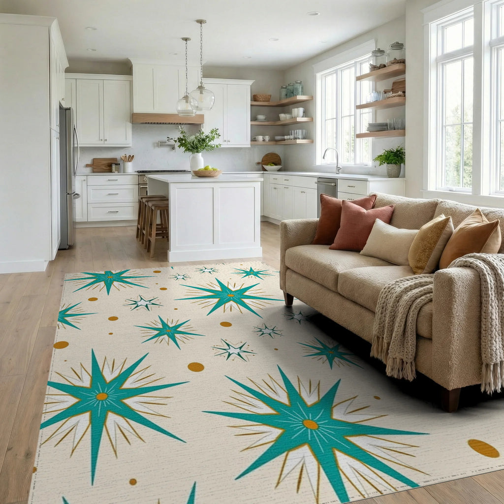 Mid Century Starburst Pattern Rug - Living Room View