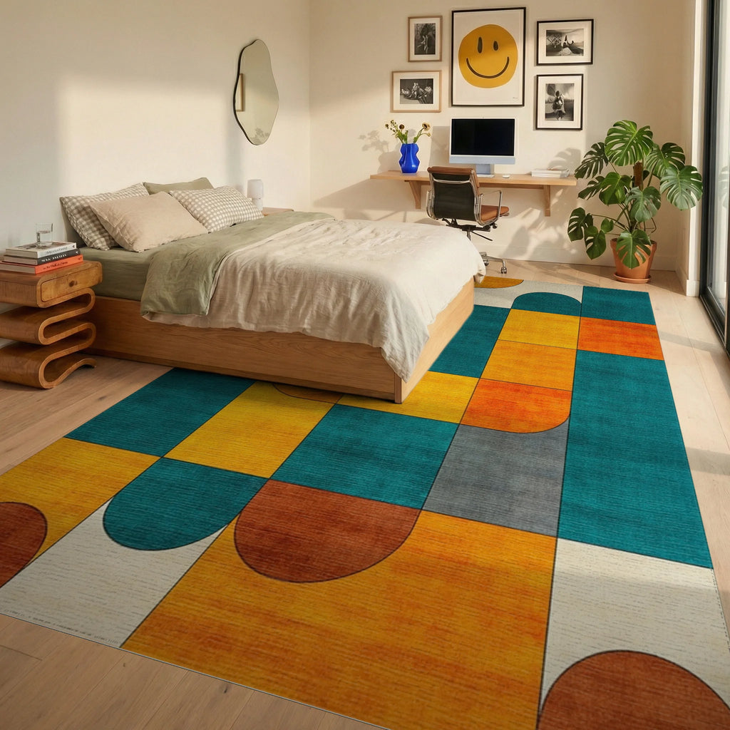 Mid-Century Teal and Ochre Geometric Grid Rug Bedroom View