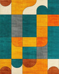 Mid-Century Teal and Ochre Geometric Grid Rug - Cutout View