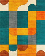 Mid-Century Teal and Ochre Geometric Grid Rug - Cutout View