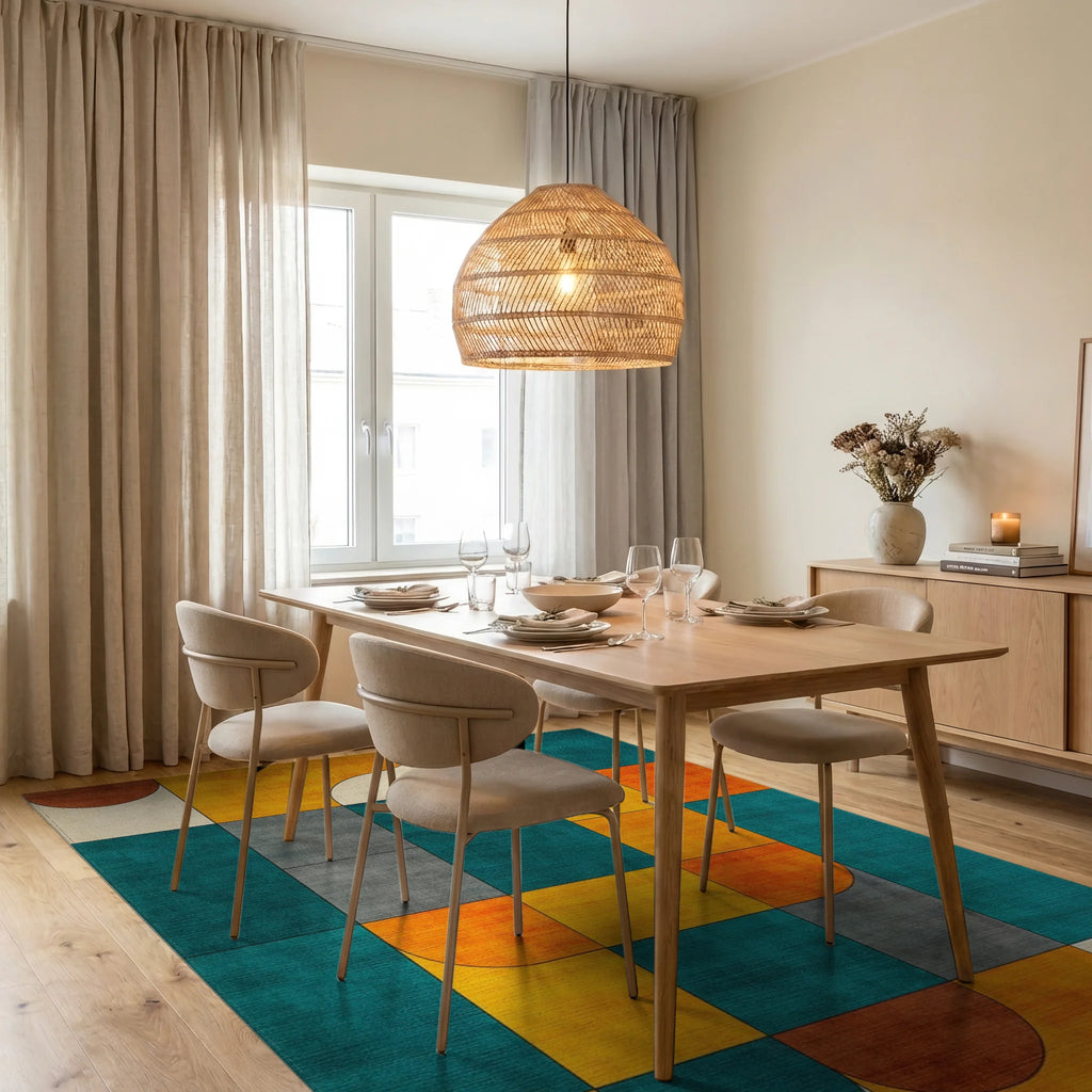 Mid-Century Teal and Ochre Geometric Grid Rug Dining Room View