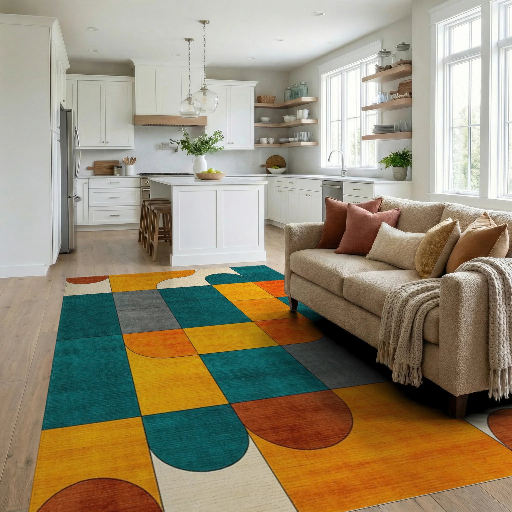 Mid-Century Teal and Ochre Geometric Grid Rug Living Room View