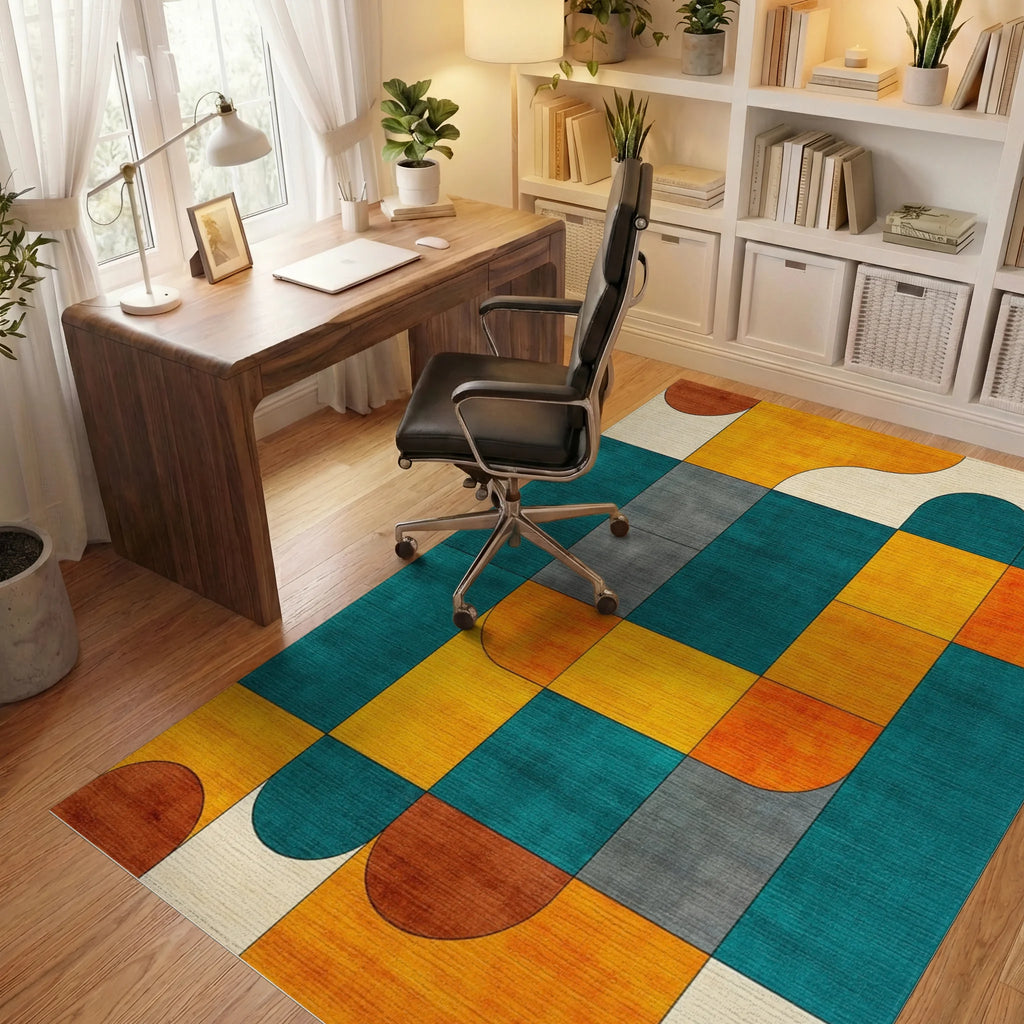 Mid-Century Teal and Ochre Geometric Grid Rug Office View
