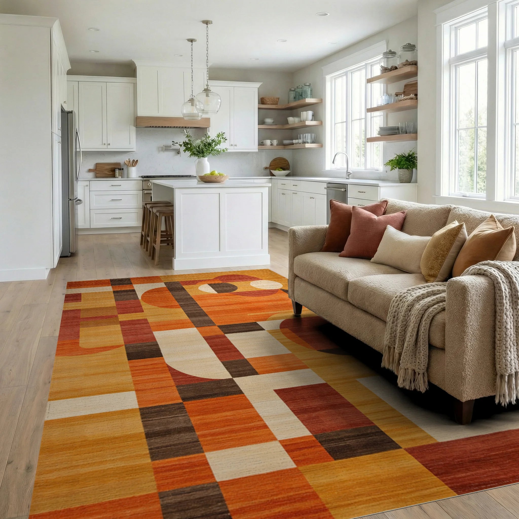 Midcentury Modern Abstract Geometric Rug - Living Room View