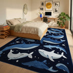 Midnight Blue Whale Ocean Scene Rug - Bedroom View