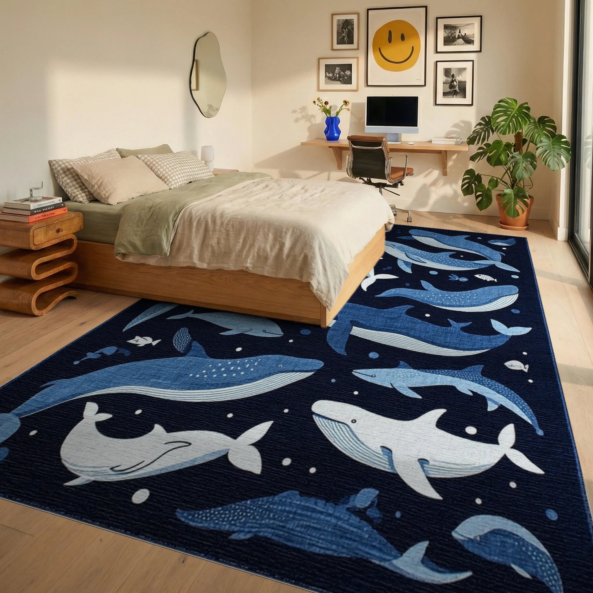Midnight Blue Whale Ocean Scene Rug - Bedroom View