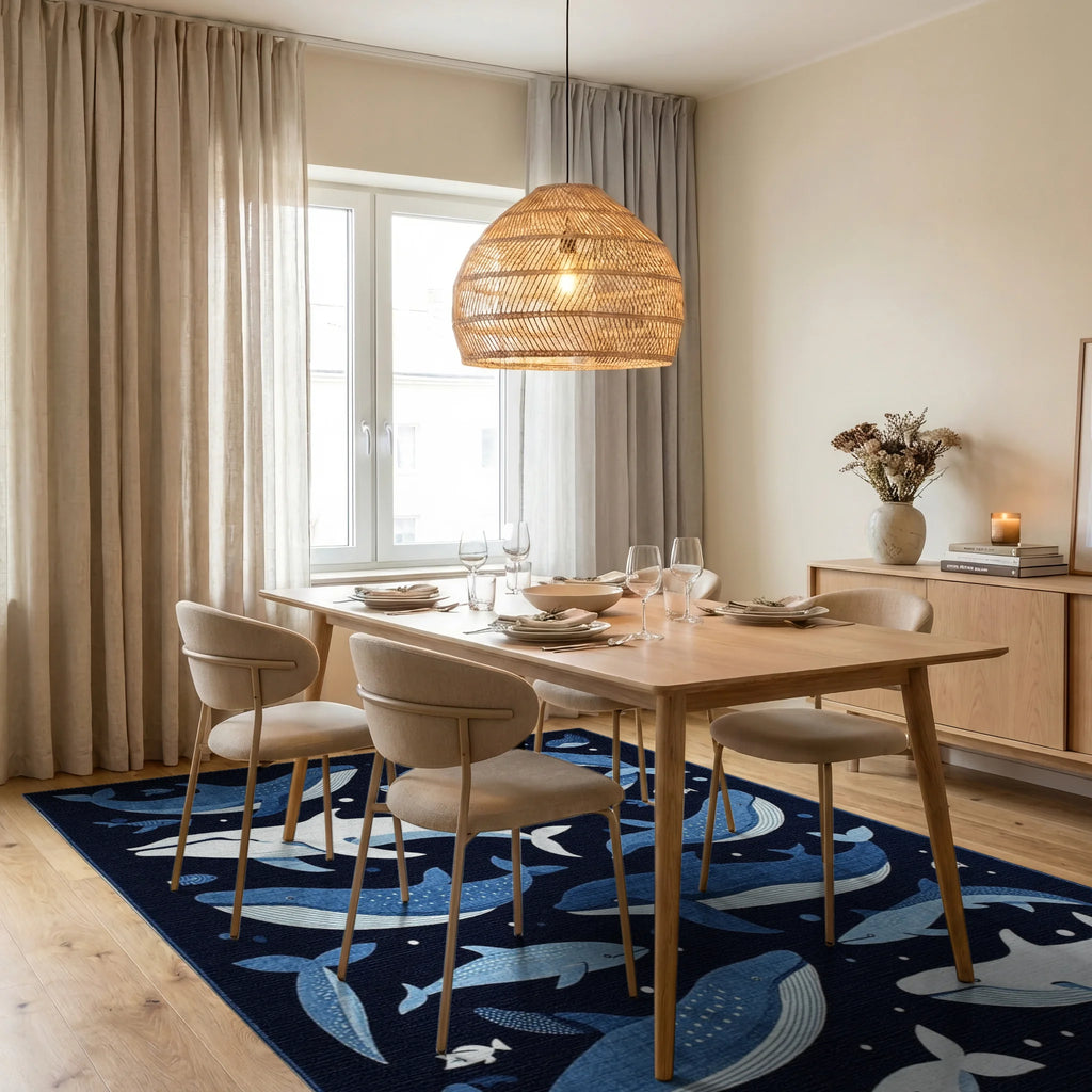 Midnight Blue Whale Ocean Scene Rug - Dining Room View