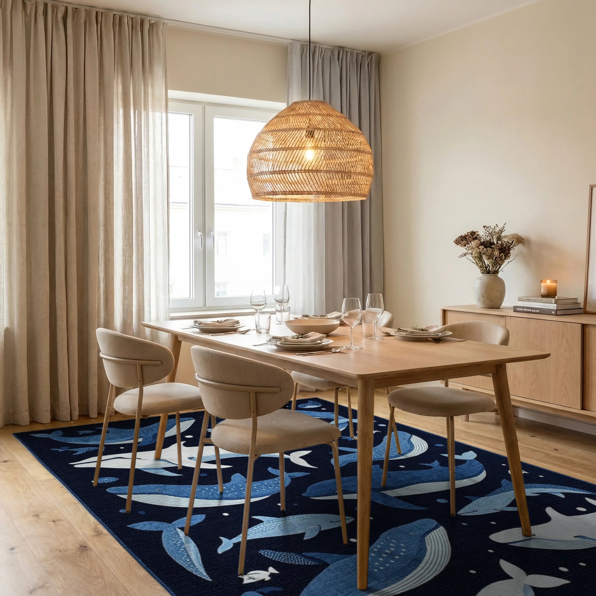 Midnight Blue Whale Ocean Scene Rug - Dining Room View