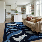Midnight Blue Whale Ocean Scene Rug - Living Room View