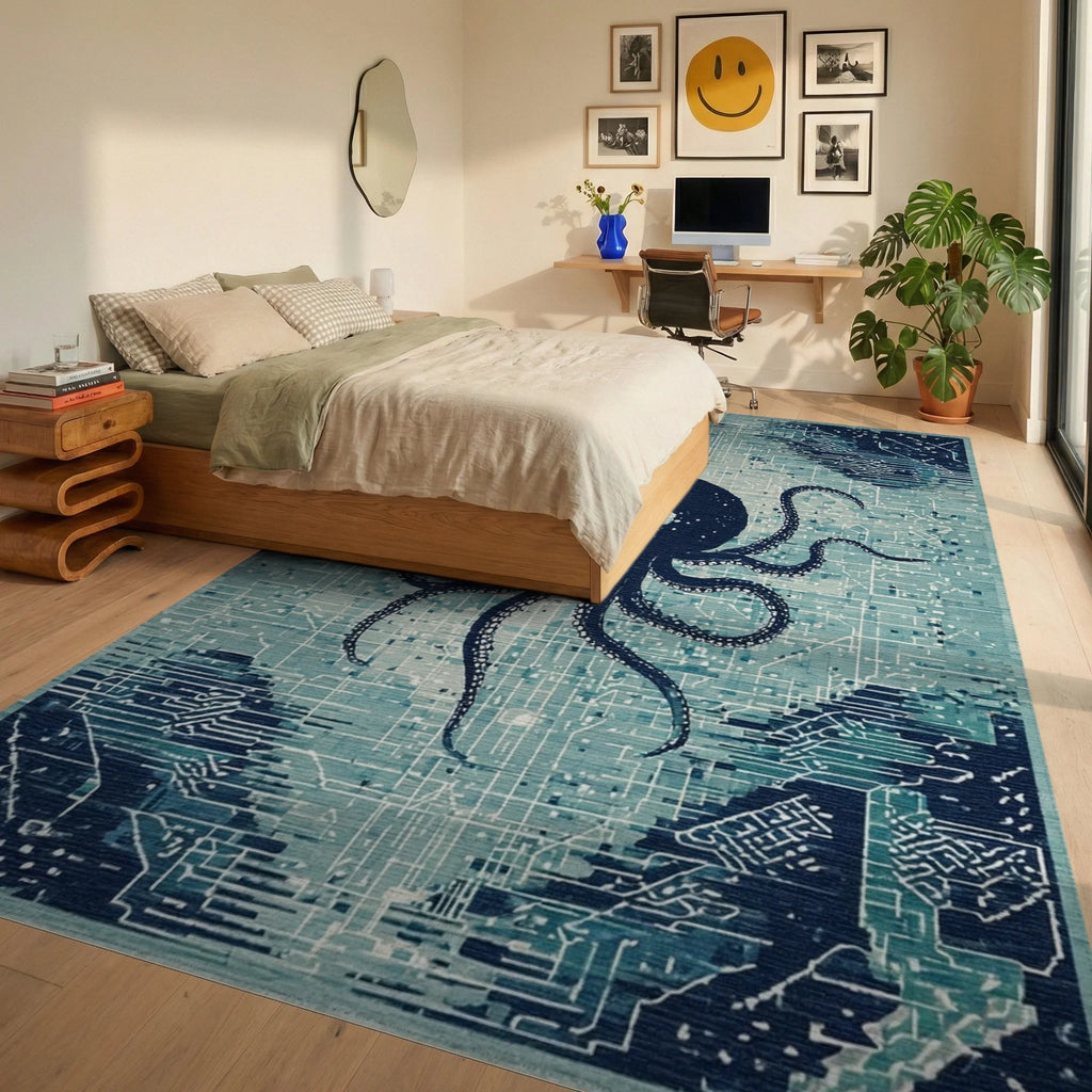 Midnight Octopus Circuit Board Rug - Bedroom View