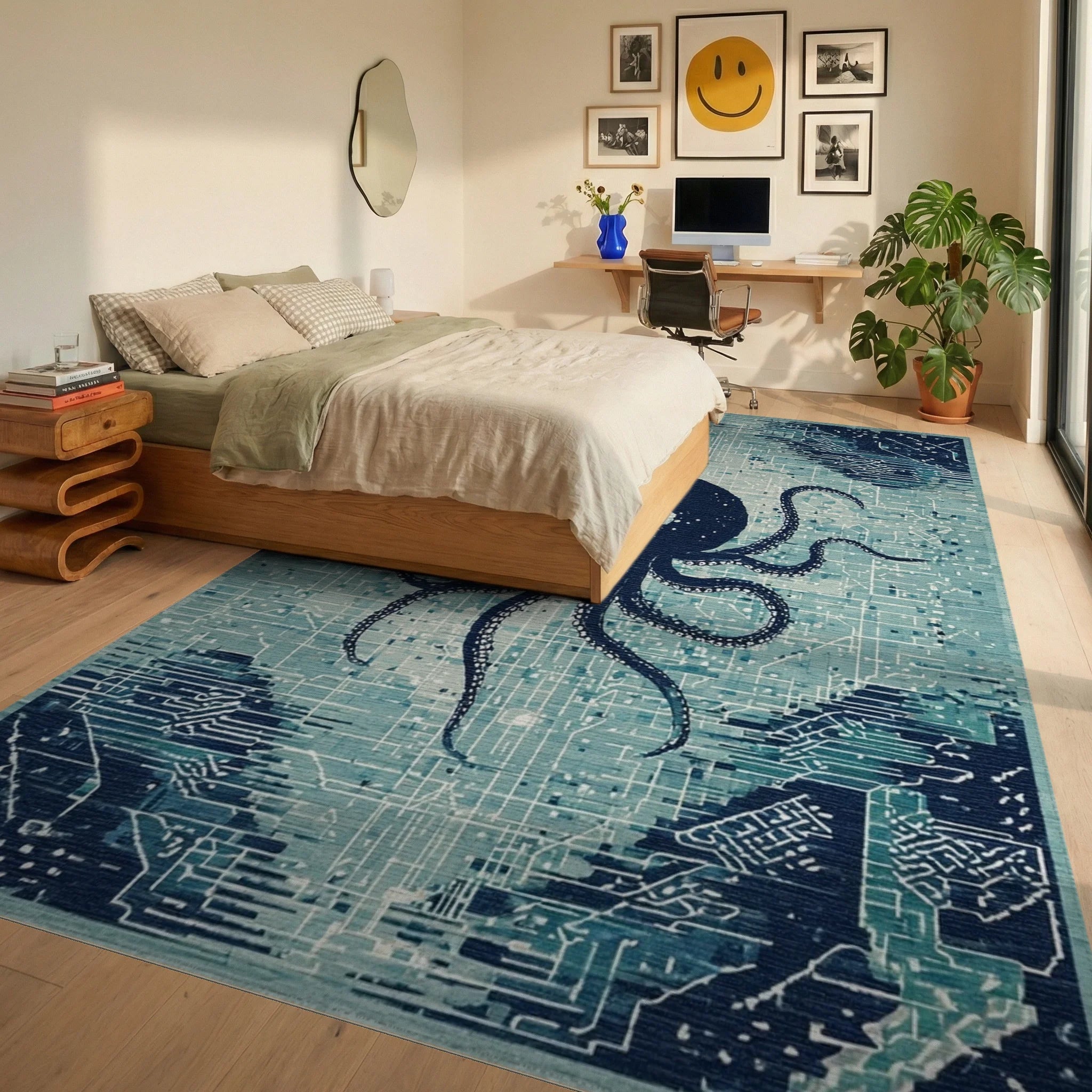 Midnight Octopus Circuit Board Rug - Bedroom View