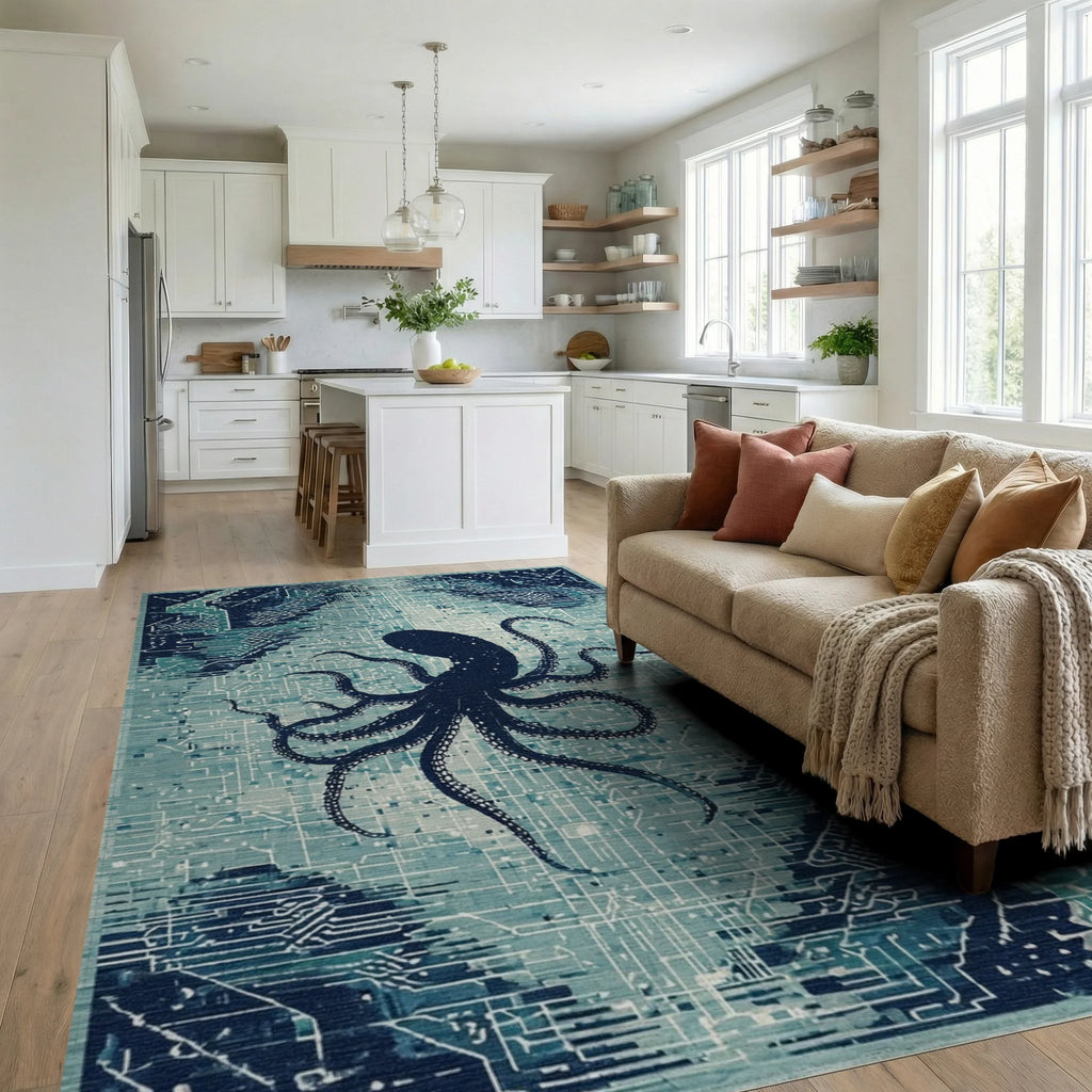 Midnight Octopus Circuit Board Rug - Living Room View
