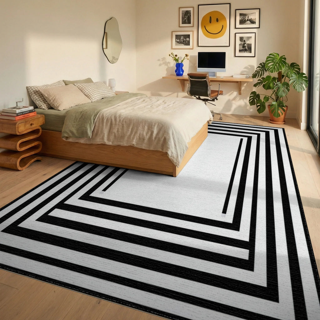 Minimalist Black Concentric Frames Rug - Bedroom View