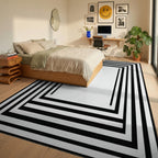 Minimalist Black Concentric Frames Rug - Bedroom View