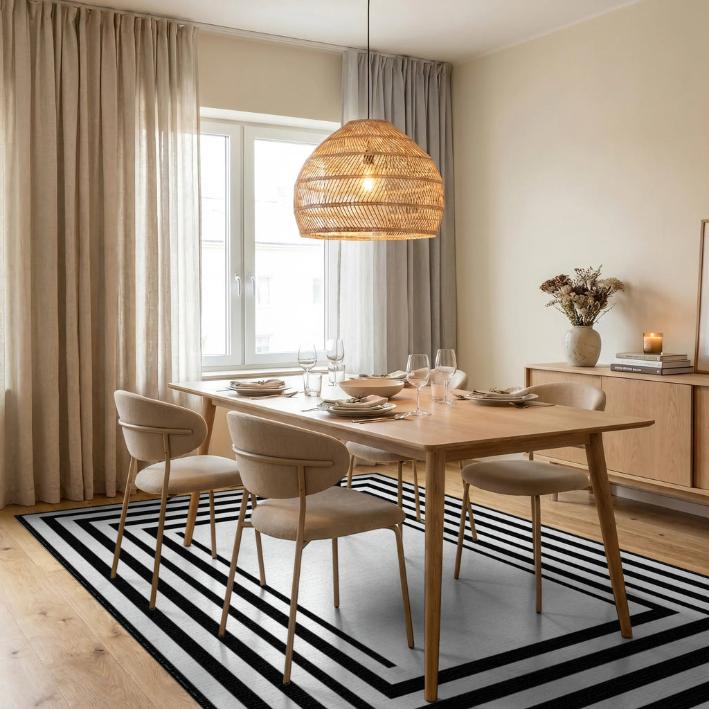 Minimalist Black Concentric Frames Rug - Dining Room View