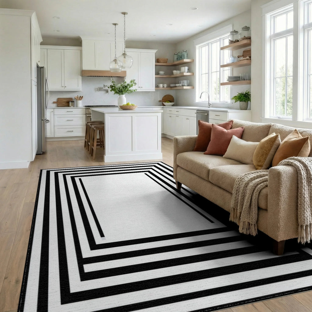 Minimalist Black Concentric Frames Rug - Living Room View