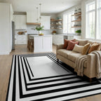 Minimalist Black Concentric Frames Rug - Living Room View