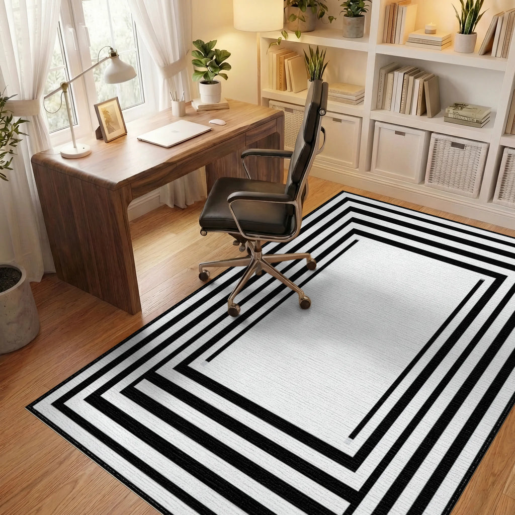 Minimalist Black Concentric Frames Rug - Office View