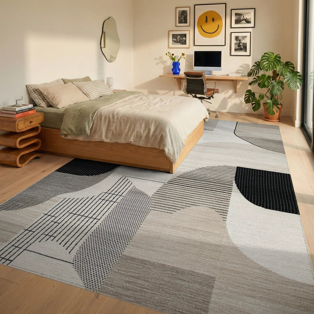 Minimalist Black White Geometric Abstract Rug - Bedroom View