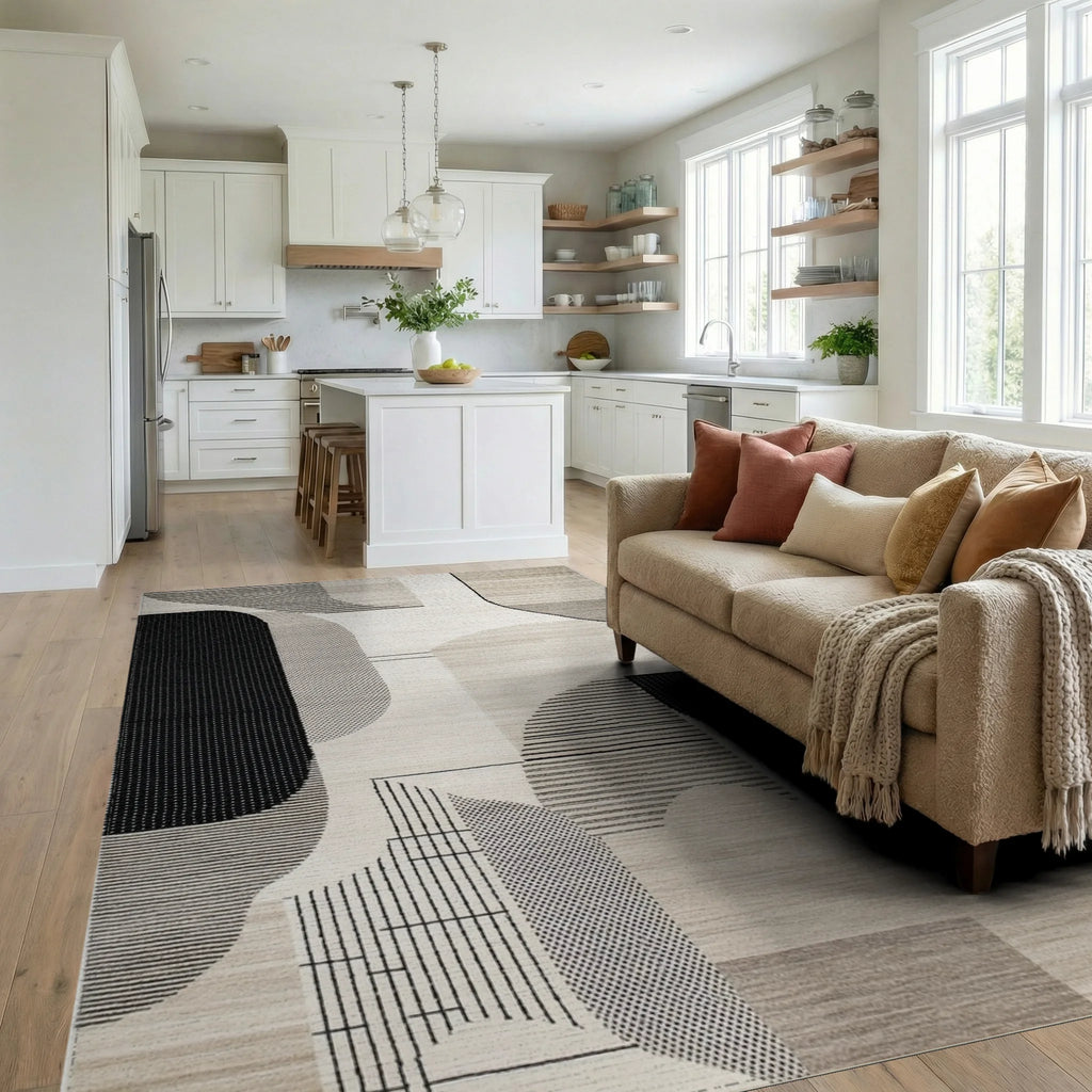 Minimalist Black White Geometric Abstract Rug - Living Room View