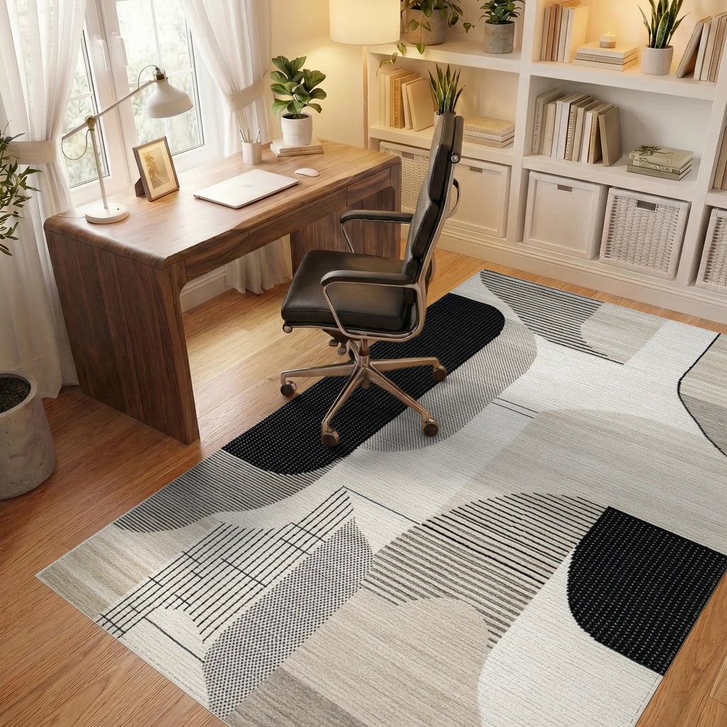 Minimalist Black White Geometric Abstract Rug - Office View