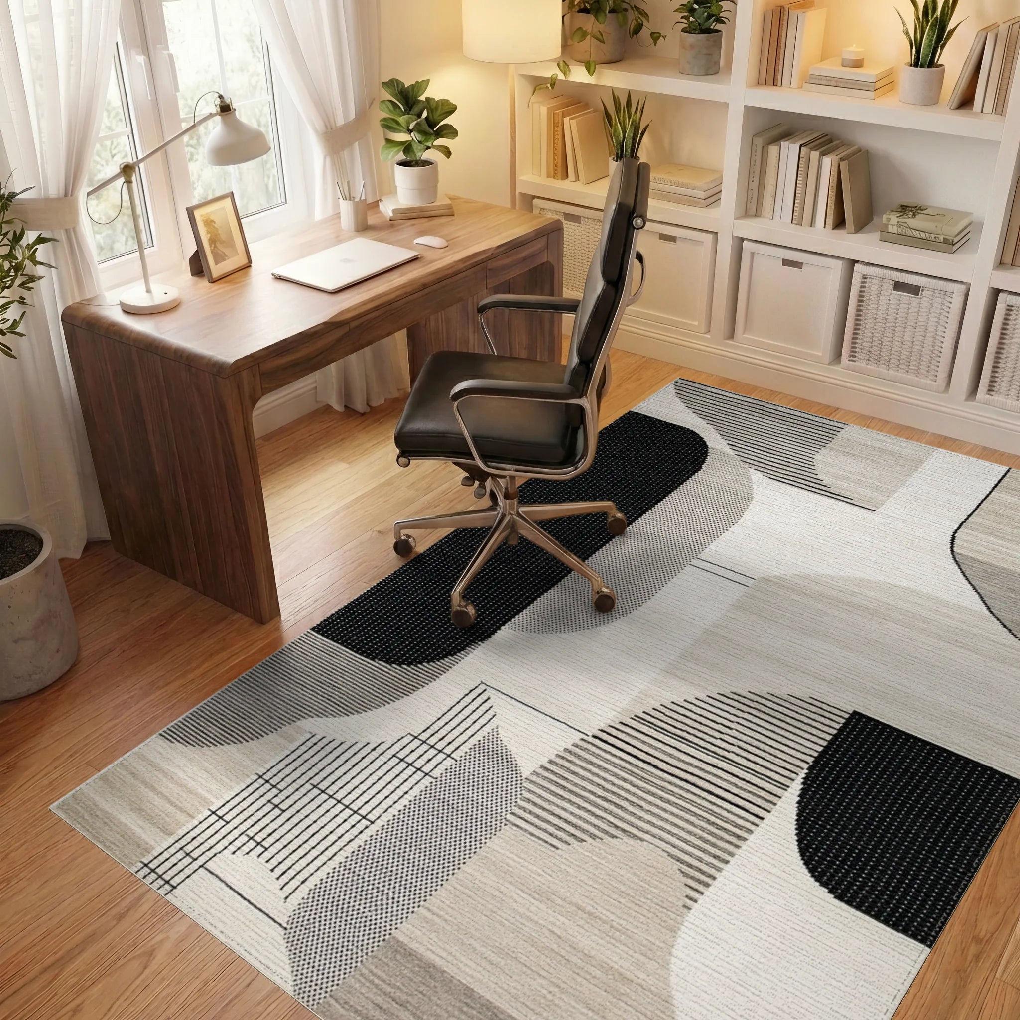 Minimalist Black White Geometric Abstract Rug - Office View