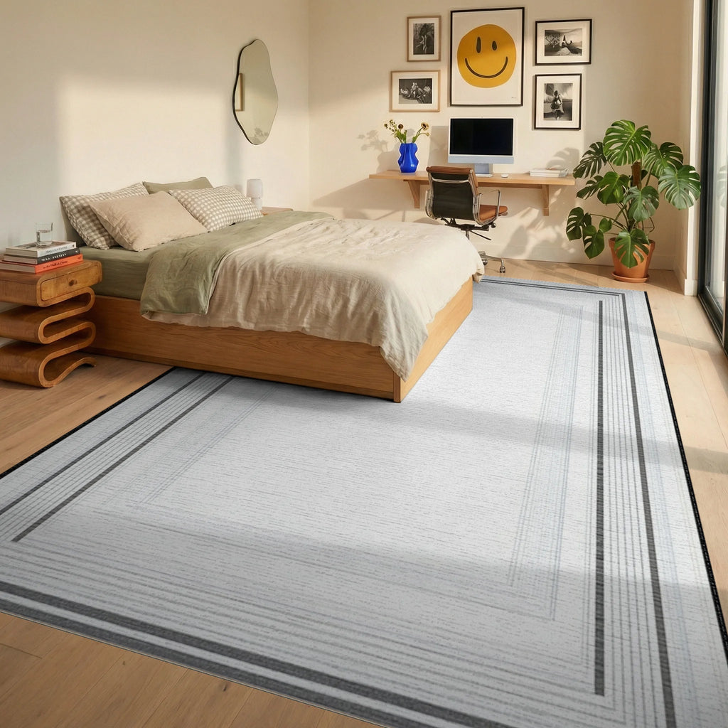 Minimalist Gray Rectangular Borders Rug - Bedroom View