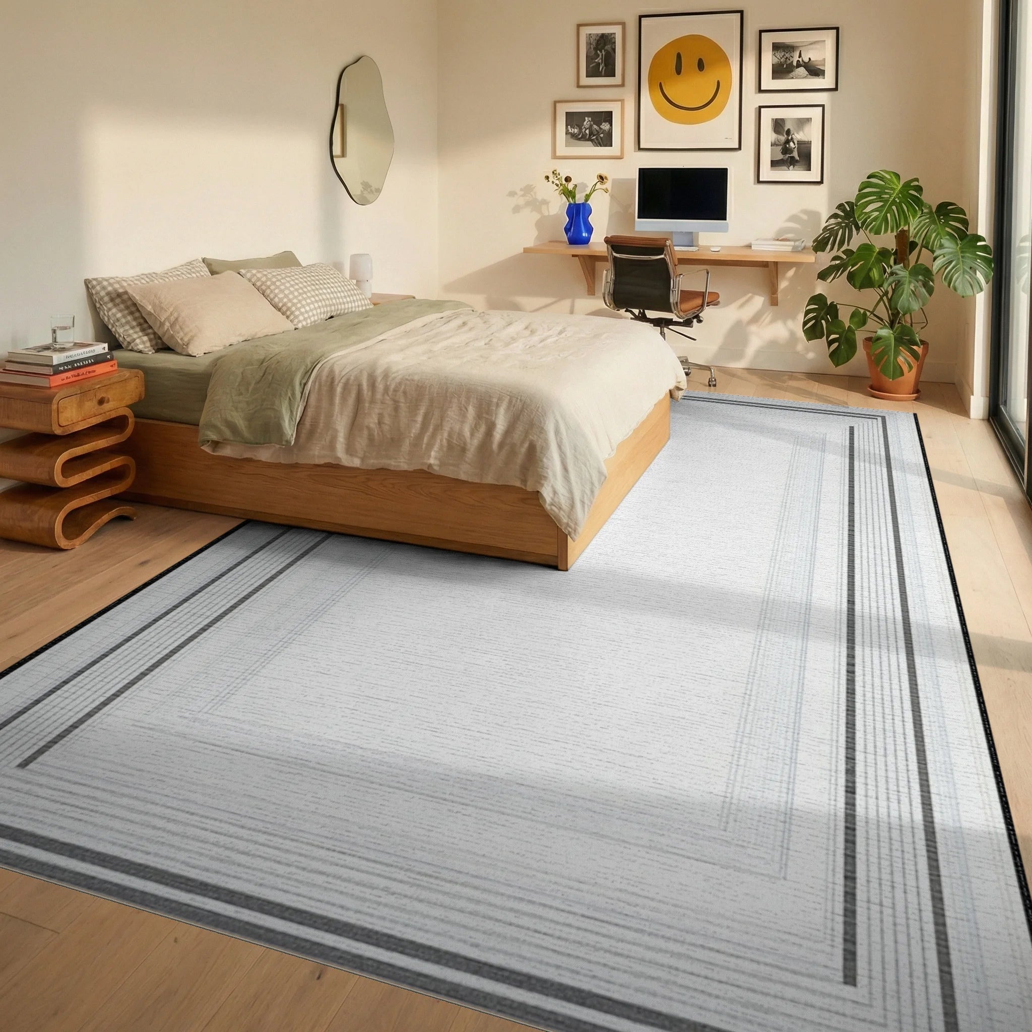 Minimalist Gray Rectangular Borders Rug - Bedroom View