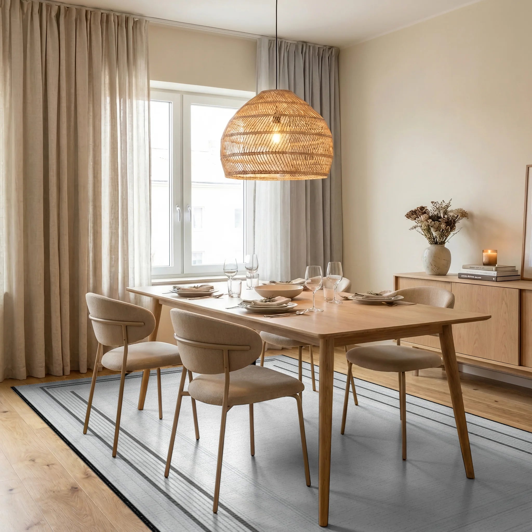 Minimalist Gray Rectangular Borders Rug - Dining Room View