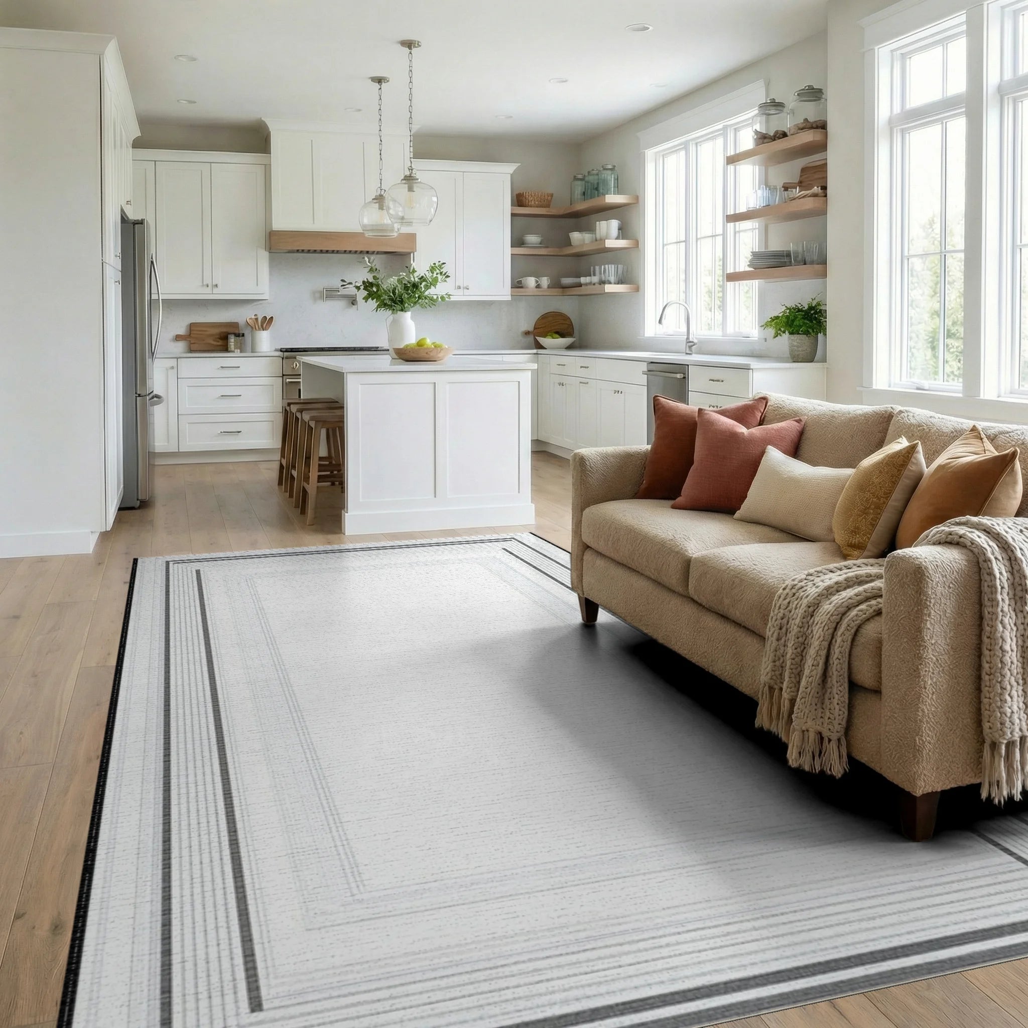 Minimalist Gray Rectangular Borders Rug - Living Room View