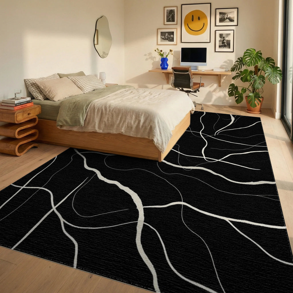 Minimalist Off-White Abstract Lines Rug Bedroom View
